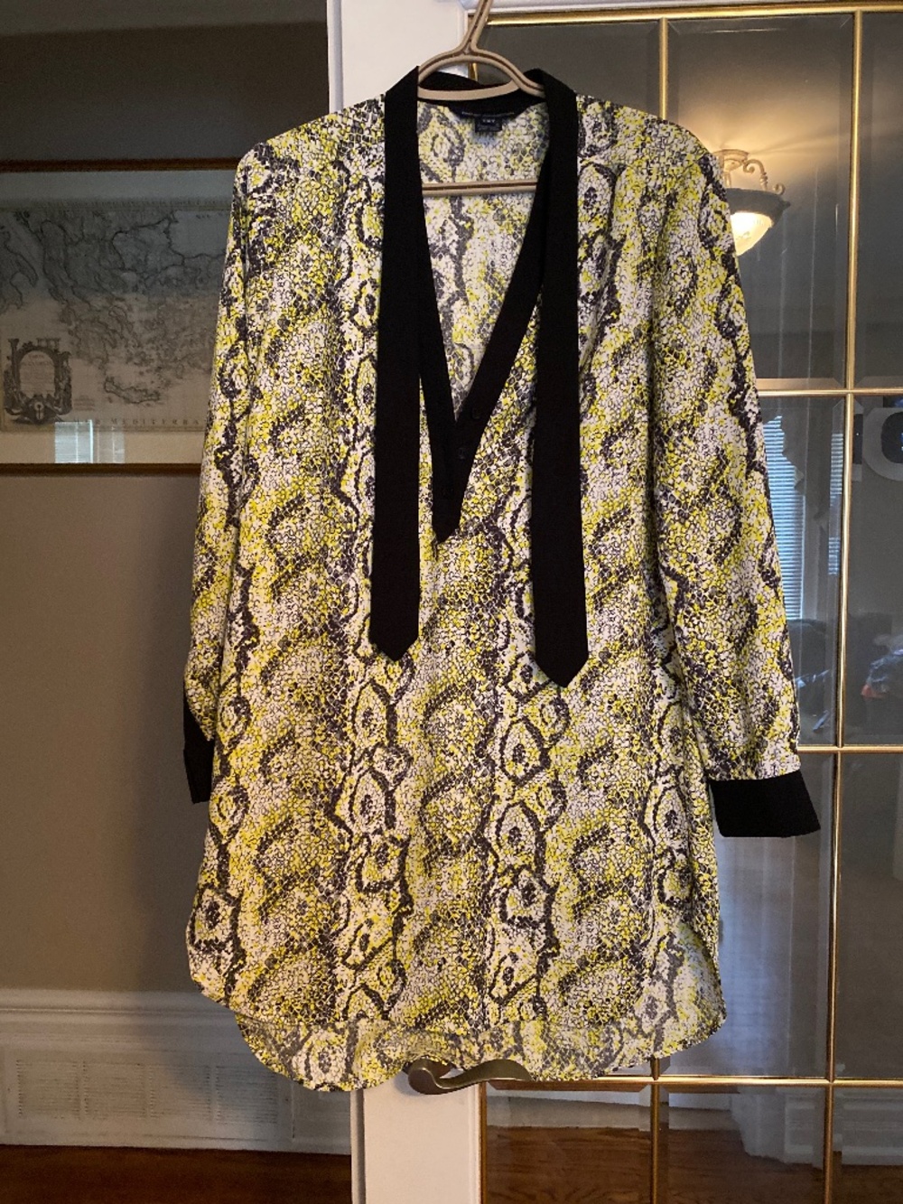 French Connection Snakeskin Print Shirt Dress features a bright yellow snake pri